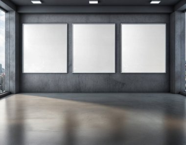 Beton duvarları, üç boş beyaz çerçeve, şehrin ufuk çizgisi pencereleri, minimum ışıklandırma, ve dinamik sanat gösterisi ve ilham kaynağı için modern estetik..