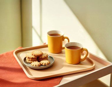 Parlak sarı kahve kupaları, pastel tepside tatlı tereyağlı kurabiyeler ve rahatlatıcı bir iç ortam için modern-minimal brunch köşesi, rahatlatıcı hafta sonu anları için mükemmel..