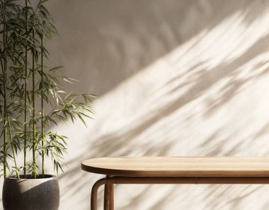 Serene Zen 'den esinlenilmiş iç mekan, bir taş ekicinin içinde uzun bambu, yuvarlak bir doğal ahşap masa, ve yumuşak filtrelenmiş güneş ışığı, sükunet ve doğal aşılanmış yaşam için asgari, sakinleştirici bir ortam yaratır..