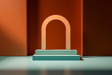 Turuncu ve mavi bir odada aydınlatılmış boş bir podyum.