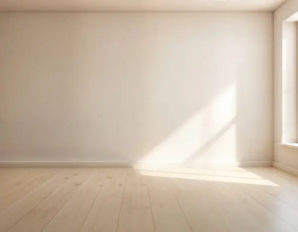 Minimum boş oda, sıcak ahşap döşeme, parlak doğal ışık, tarafsız duvarlar, ve esnek, modern iç tasarım olanakları için ideal İskandinav esinlenilmiş arka plan..