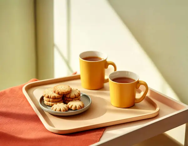 Parlak sarı kahve kupaları, pastel tepside tatlı tereyağlı kurabiyeler ve rahatlatıcı bir iç ortam için modern-minimal brunch köşesi, rahatlatıcı hafta sonu anları için mükemmel..
