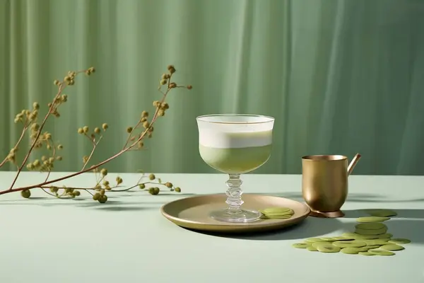 Yanında altın bir kupa olan ferahlatıcı bir matcha latte içeceği, her durum için mükemmel.
