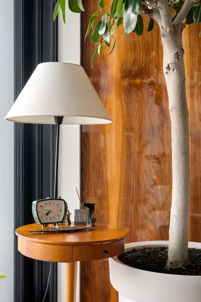 A lamp sits on a wooden table next to a potted plant, providing lighting for the room. The wood stain of the table matches the pedestal of the lamp