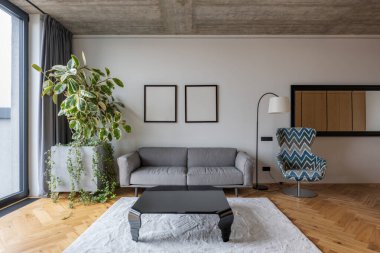 Kanepesi, sandalyesi, sehpası ve aynası olan rahat bir oturma odası. Pencere ve ahşap döşemeleri olan bir bitki. Oda modern ve klasik elementlerin karışımıyla güzelce dekore edilmiş.