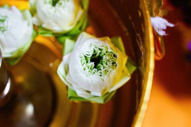 Budist tapınağındaki nilüfer çiçeği ve mumu kapat.