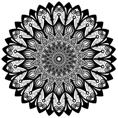 Karmaşık desenler ve çiçek motifleri içeren, merkezi bir noktadan simetrik olarak yayılan siyah-beyaz bir mandala..