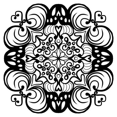 Karmaşık girdaplar ve kalp şekilleri içeren simetrik siyah ve beyaz bir mandala görsel olarak büyüleyici bir tasarım yaratıyor..