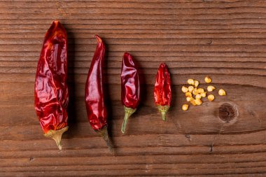 Yakın plan görüntü, kırsal ahşap arka planda sıcak ve kuru kırmızı biber.