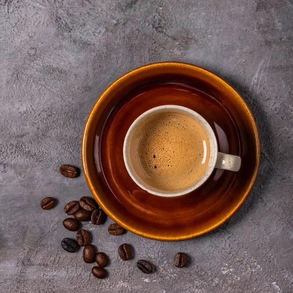 Кофе Эспрессо Чашке Вид Сверху Сером Текстурированном Фоне — стоковое фото