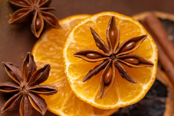 Top View Foreground Star Star Anise Laid Orange Slices — Stock Photo, Image