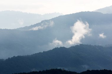 Gün doğumunda mavi dağların manzarası, bir vadinin üzerinde süzülen yumuşak sis. Chiang Mai, Tayland.