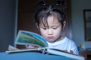 Geceleri yatakta masal okuyan Asyalı tatlı küçük bir kız..