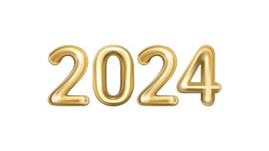 2024 altın metal numaralarının beyaz arka planda izole edilmiş tatil vektör çizimi. Parti dekorasyonu, tatil yıldönümü tabelası, kutlama, karnaval