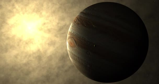 Jupiter Planeetta Kuun Kiertoradalla Auringon Auringon Ilmakehän Taustalla — kuvapankkivideo
