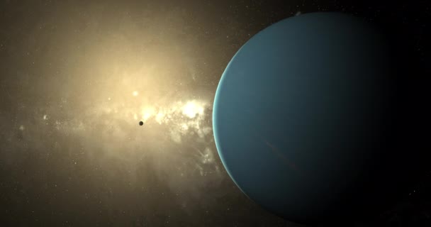 Planeta Urano Com Puck Lua Orbitando Sol Atmosfera Solar Fundo — Vídeo de Stock