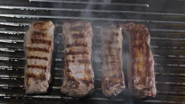 Beef Steaks Cooking Domestic Grill — Stock Video