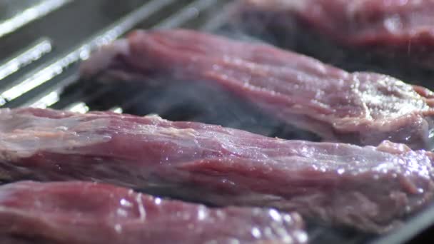 Raw Beef Steaks Cooking Grill — Stock Video