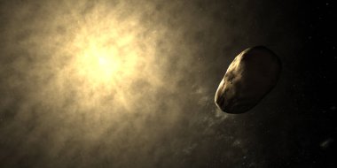 Dış uzayda yörüngede dönen Styx 'in arka planında güneş atmosferi var