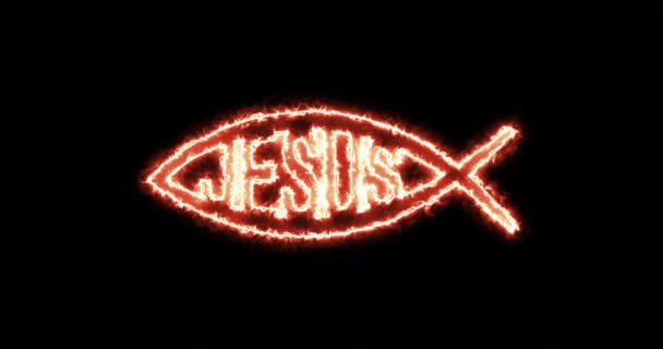 Ichthys Ichthus Con Jesús Escrito Dentro Símbolo Cristiano Ardiente Bucle — Vídeo de stock