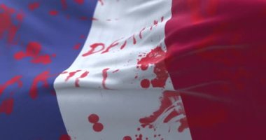 Flag of France with blood and words written. Loop