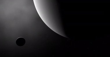 Triton orbiting around Neptune. Simulation of sequence captured by Voyager 2