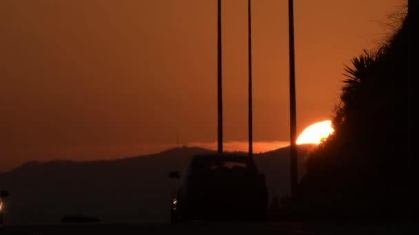 Bilar Cirkulerar Med Solen Nere Vid Solnedgången — Stockvideo