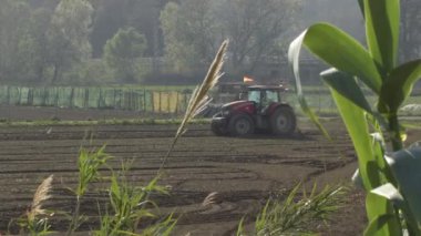 Traktör gün batımında toprağı sürüyor.