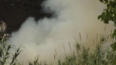 Büyük beyaz duman sütunu gerçek bir yangında yükseliyor.