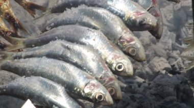 Sardalya espetoları ateşte kızartılıyor, tipik İspanyol yemekleri.