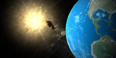 Toutatis asteroidi, Dünya gezegeninin çok yakınında, arkasında güneş var.