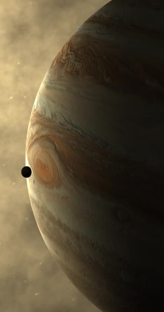 Júpiter Planeta Com Lua Orbitando Sol Atmosfera Solar Vertical — Vídeo de Stock