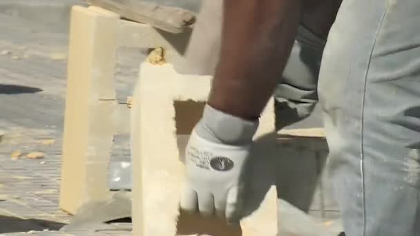 Pedreiro Colocando Tijolos Fazendo Uma Parede Industrial Exterior — Vídeo de Stock