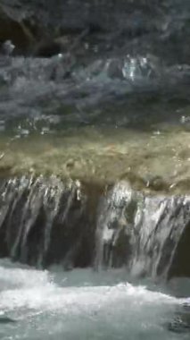 Nehir dağında küçük bir şelale. 4K Dikey