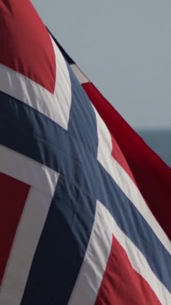 Bandera Noruega Ondeando Una Playa Vertical — Vídeos de Stock
