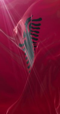 Arnavutluk bayrağı rüzgarda dalgalanıyor. 4K Dikey