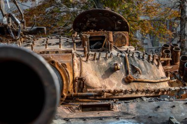 Destroyed military equipment of Russia in the war with Ukraine. Burnt Russian tank.