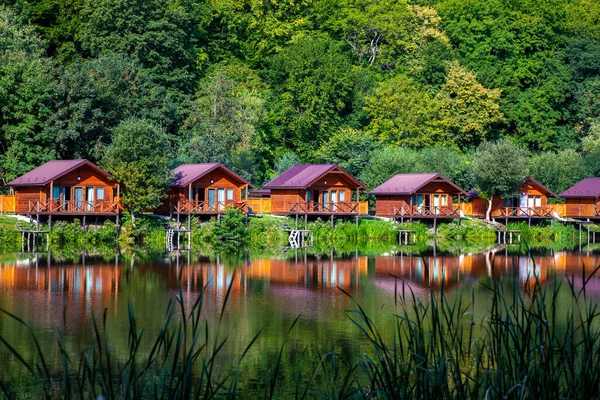 Wooden Houses Water Forest Carp Fishing Place Relax Nature Autumn — Zdjęcie stockowe