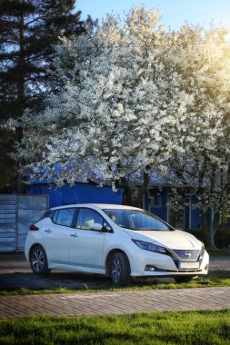 Kyiv. Ukrayna. 2 Mayıs 2023. Bahar günü Nissan elektrikli araba yaprağı.