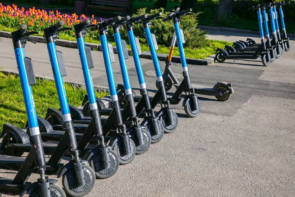 Electric Scooters Parking Lot Scooter Rental Trip City — Stockfoto
