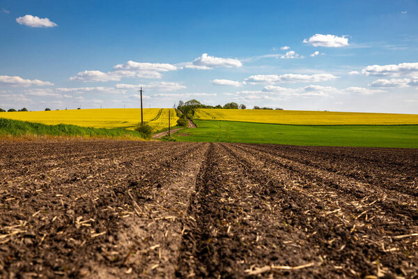 вспаханное поле перед посевом в солнечный день.