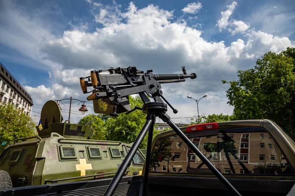 Drone hunters the war in Ukraine. Machine gun for shooting down kamikaze drones. Mobile group against air defense.