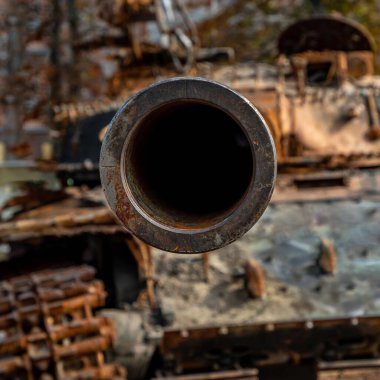 Destroyed military equipment of Russia in the war with Ukraine. Burnt Russian tank.