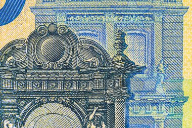 100 avroluk banknotun bir parçası. Avrupa Birliği parası.