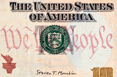 Fragment of a 10 dollar banknote for design purposes. Money of the United States of America. Elements of paper bills. Bonistics. clipart