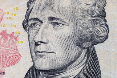 Tasarım amaçlı 10 dolarlık banknotun bir parçası. Amerika Birleşik Devletleri 'nin parası. Kağıt para elementleri. Bonistikler.