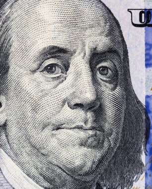Tasarım amaçlı 100 dolarlık banknotun bir parçası. Amerika Birleşik Devletleri 'nin parası..