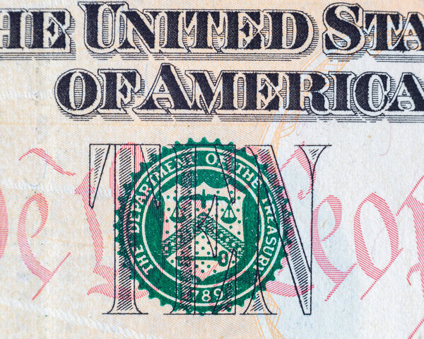 Фрагмент банкноты за 10 долларов для дизайнерских целей. Денег Соединенных Штатов Америки. Элементы бумажных счетов. Бонистика.