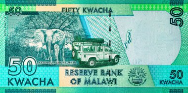 50 kwacha Malawi banknotu, Kasungu Milli Parkı 'nın resmi, tasarım için. Malavi 'nin Parası.