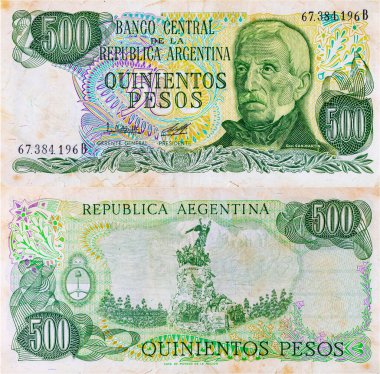 500 pezoluk Arjantin banknotu. Arjantin 'in eski kağıt parası. Tasarım için bir banknotun parçası.